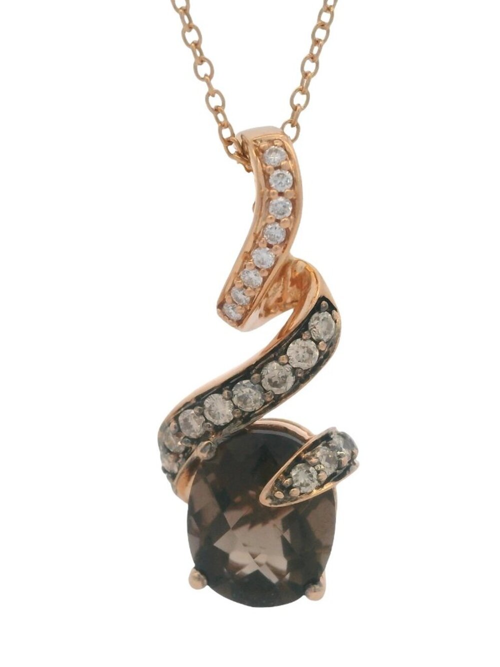 LeVian Solid 14kt Rose Gold Smoky Quartz and Diamond Ribbon Pendant